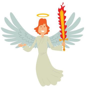 Vector cartoon image of a male angel. Male angel with red hair in white chasuble. Angel with big white wings and a golden halo over his head. Angel with a flaming sword in his hand. Archangel Michael.