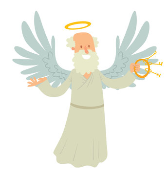 Vector cartoon image of a old male angel. Old male angel with gray hair and beard in white chasuble. Angel with big white wings and a golden halo over his head. Angel with keys in his hand. St. Peter.