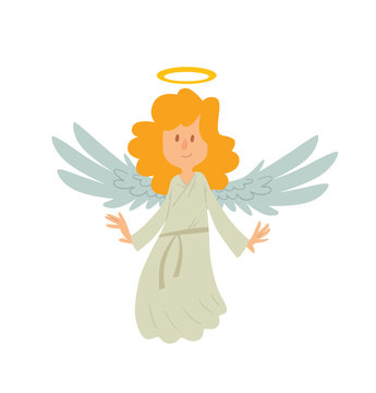 Vector cartoon image of a little female angel. Little female angel with long blond hair in white chasuble. Angel with big white wings and a golden halo over her head. Vector angel is smiling.