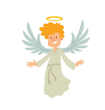 Vector cartoon image of a little male angel. Little male angel with blond curly hair in white chasuble. Angel with big white wings and a golden halo over her head. Vector angel is smiling.
