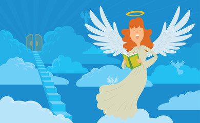 Vector cartoon image of a female angel on a background of heaven. Angel with red hair, with book in a white chasuble. Blue background with clouds, angels, stairs and gates. Angel with a halo over head