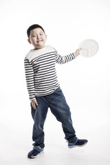 boy(kid) hand hold a empty dish isolated on the white background.