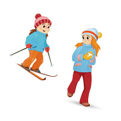 Two teenage girls skiing and playing snowballs