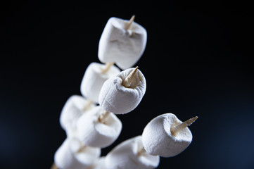 marshmallow on a wooden stick on black background. A sweet, soft, chewy raw marshmallow on a stick.