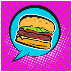 Bright retro comic speech bubble with burger symbol. Outline colorful hamburger on cute circle shape bubble with purple stripes and halftone background for advertisement design, banner, label, menu
