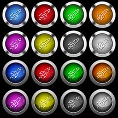 Launched rocket white icons in round glossy buttons on black background