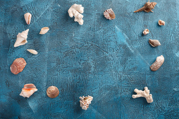 Obraz na płótnie Canvas Summer vacation, tourism, travel, holiday concept. Sea shells, blue colors on wooden background. Top view with space for text