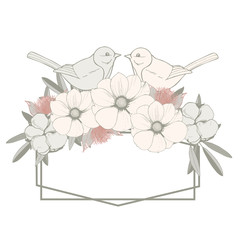 Floral Wedding Invitation with birds, pink flowers, eucalyptus leaves and cotton balls