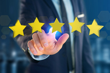 Five yellow stars on a futuristic interface - 3d rendering