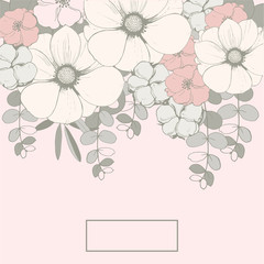 Floral Wedding background  with pink flowers, eucalyptus leaves and cotton balls