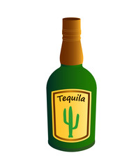 A bottle of Mexican alcoholic beverage tequila. The shape of the bottle and the label are invented. Vector illustration on white background.