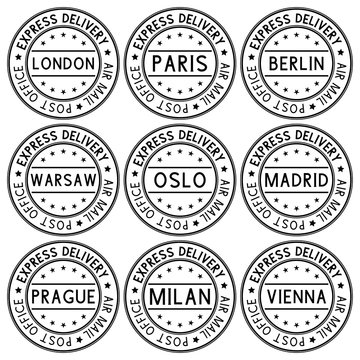 Postmark Express delivery with european cities names. Black collection