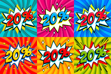 Sale set. Sale twenty percent 20 off tags on a Comics style bang shape background. Pop art comic discount promotion banners. Seasonal discounts, Black Friday, cyber monday.