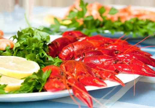 Boiled crawfish on plate close up