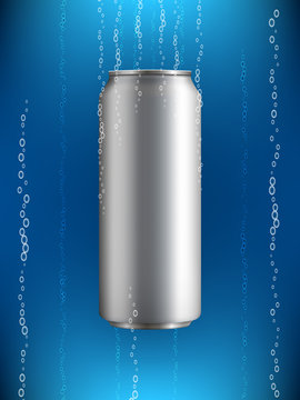 Aluminum can with drink in liquid with bubbles of gas on blue background with backlight