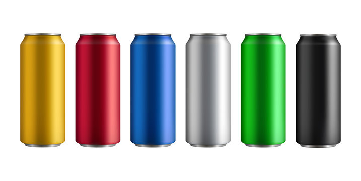 set of six different colored insulated aluminum cans with a drink