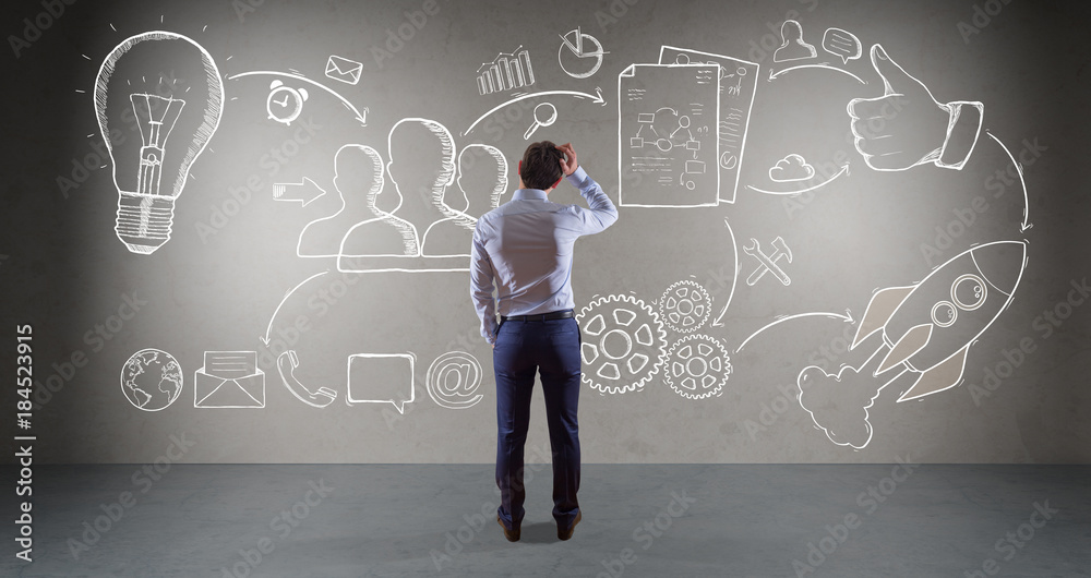 Poster businessman watching a project sketch on a wall 3d rendering