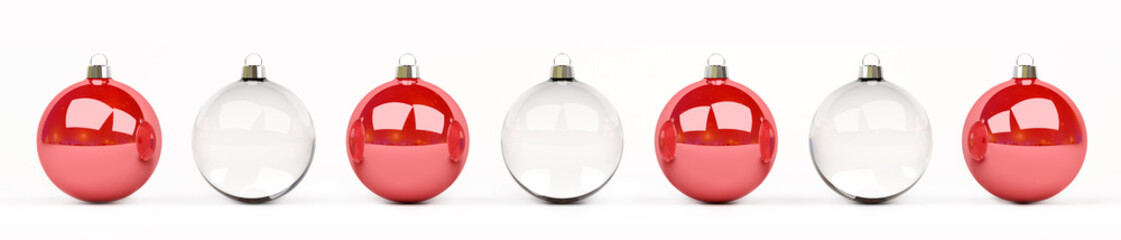 Red and white christmas baubles lined up 3D rendering