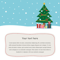 Christmas tree and gift boxes with snow background.