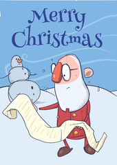 Christmas card of funny hatless Santa Claus in glasses reading a long scroll and snowman. Vector character illustration.