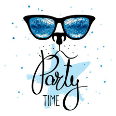 New Year Party, fanny dog/ Vector illustration, print, background with funny dog in glasses