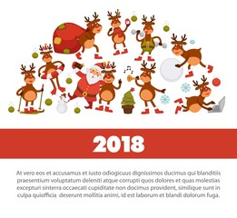 Merry Christmas and Happy New Year 2018 vector poster of deer or reindeer cartoon funny character celebrating holidays.