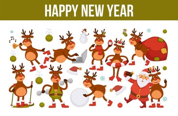 Merry Christmas and Happy New Year 2018 vector poster of deer or reindeer cartoon funny character celebrating holidays.