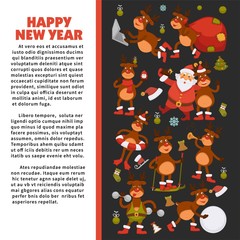 Merry Christmas and Happy New Year 2018 vector poster of deer or reindeer cartoon funny character celebrating holidays.