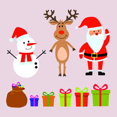 Merry Christmas and happy new year greeting Santa Claus, gift bag, reindeer, snowman, gift box set isolated on background vector illustration