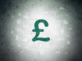 Banking concept: Painted green Pound icon on Digital Data Paper background with  Hand Drawn Finance Icons