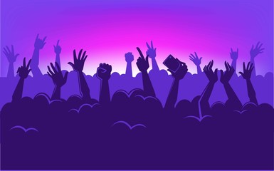 Human silhouettes in massive crowd with raised hands that hold modern devices in colorful neon spotlights at concert cartoon flat vector illustration