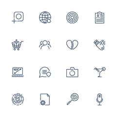 Simple different UI icons for app, sites, programs. Set with line icons. Photo, camera, microphone, laptop, flash drive, market and other. Editable stroke