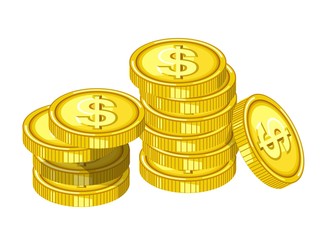 Shiny gold coins with engraved dollar signs drops from above in piles isolated cartoon flat vector illustration