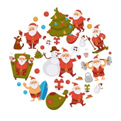 Happy New Year cartoon Santa celebrating holidays or having leisure summer fun icons for greeting card design.