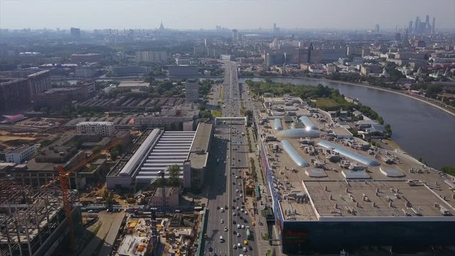 sunny day moscow city mall construction traffic road aerial panorama 4k russia
