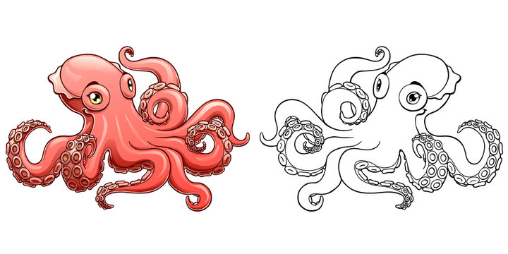 The lovely pink octopus and black contour line on a white background isolated. Marine cephalopod animal. Vector cartoon illustration. Manual sketch, page coloring book.