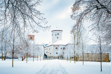 Medieval castle Budatin nearby Zilina town in winter, central Europe, Slovakia.
