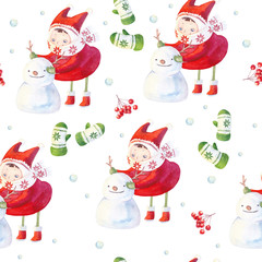 Watercolor seamless pattern with little girl sculpting snowman outdoor. Winter hand painted texture with cute cartoon character, mittens and rowan branch with red berries
