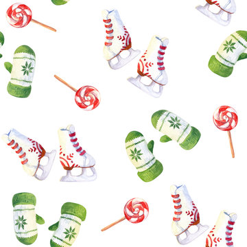 Watercolor seamless pattern with skates, mittens and lollipops. Hand painted texture with cute winter symbols isolated on white background