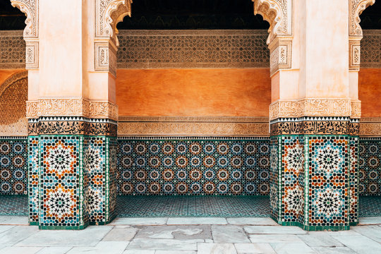 colorful ornamental tiles at moroccan courtyard