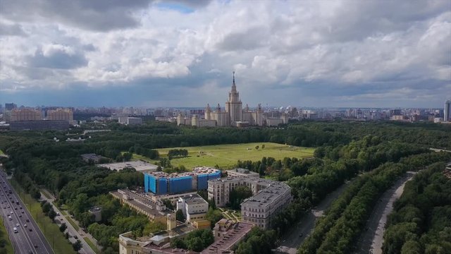 sunny day moscow city famous university park aerial panorama 4k russia
