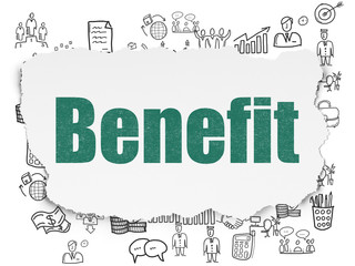 Business concept: Painted green text Benefit on Torn Paper background with  Hand Drawn Business Icons