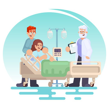 Hospitalization of the patient. Doctor visit to the ward Pregnant woman patient in a medical bed with husband. Happy couple young family Vector colorful illustration in flat style image