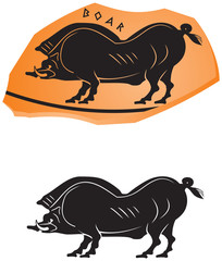 Ancient Greek ceramic style Wild Boar icon, black figure vase painting series vector design element