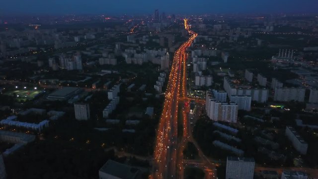 night time illuminated traffic road moscow cityscape aerial panorama 4k russia
