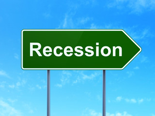 Business concept: Recession on green road highway sign, clear blue sky background, 3D rendering
