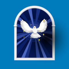 Holy Spirit come above the window, White Dove Flat Paper Style Vector.