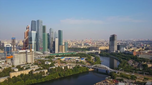 sunny day moscow modern city river aerial panorama 4k russia
