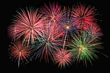 Colorful firework on the night sky. New Year celebration fireworks. Abstract firework isolated on...
