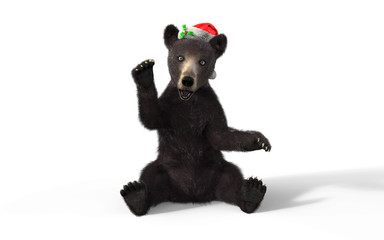 3d illustration black bear cub isolated on white background with clipping path and santa hat.